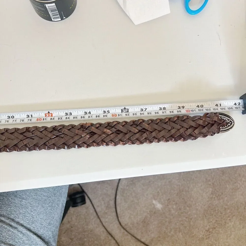 Vintage Brown Leather Braided Belt Silver Statement Buckle Size M